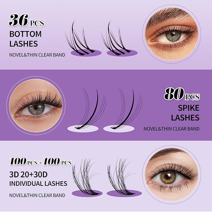 Lash Clusters Kit With Bottom Lashes 20/30D 3D Curl DIY Lash Extension Kit 12-18mm Multi-types Individual Lashes Bond and Seal, Spike, Volume Lashes Kit Lash Applicator(20/30 3DKit)