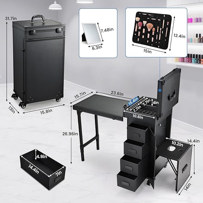 Joligrace Rolling Manicure Table with Pedicure Chair 4 Drawers Rolling Makeup Case Foldable Nail Desk Cosmetology Case on Wheels Brush Pouch Mirror Nail Kits Technician Workstation Artist Trolley