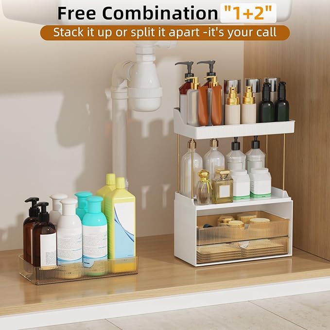 5 Tier 3 Drawers Makeup Organizer, 2 Set Bathroom Organizers and Storage,Cosmetic Storage Drawer for Dresser Countertop and Bathroom Vanity for Large Skincare, Perfume, Amber