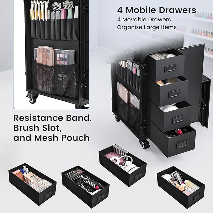 Joligrace Rolling Manicure Table with Pedicure Chair 4 Drawers Rolling Makeup Case Foldable Nail Desk Cosmetology Case on Wheels Brush Pouch Mirror Nail Kits Technician Workstation Artist Trolley