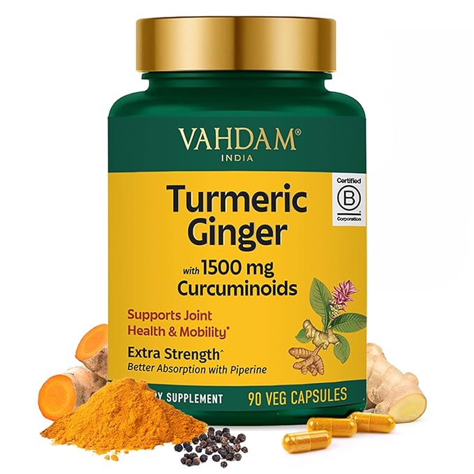 VAHDAM Extra Strength Turmeric Ginger Supplement with 1500mg Curcuminoids per Serving | Added Piperine for Better Absorption | Supports Joint Health and Mobility | 90 Veg Capsules