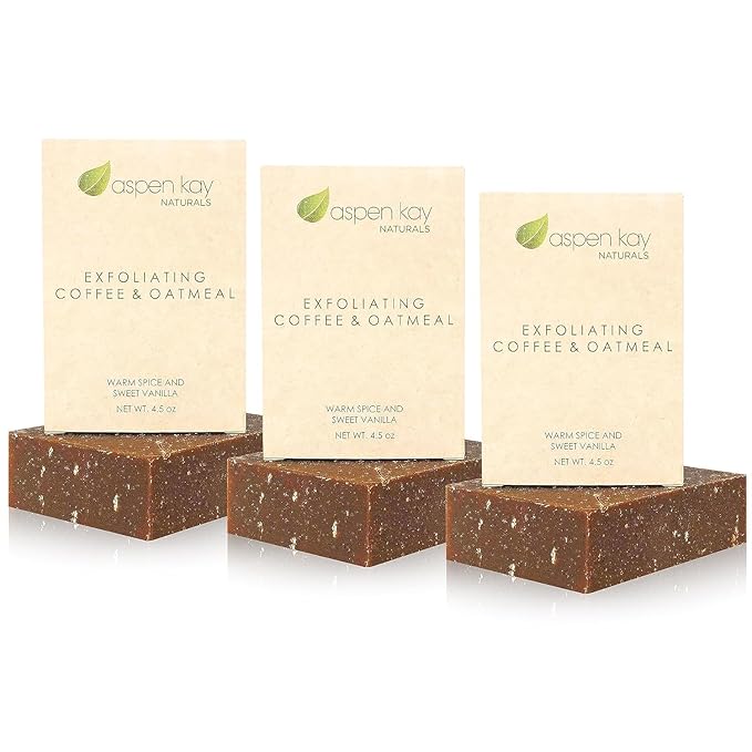 Aspen Kay Naturals Coffee & Oatmeal Exfoliating Soap, Natural and Organic Coffee Scrub. With Organic Shea Butter & Pure Essential Oils. A Wonderful Oatmeal Soap, For Men & Women. (3 pack)