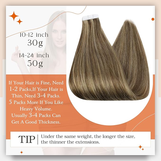 Full Shine Brown And Blonde Tape in Hair Extensions Human Hair Color 4 Brown Highlight 27 Blonde Tape in Extensions 24Inch Long Straight Extension 50G 20Pcs Soft Skin Weft