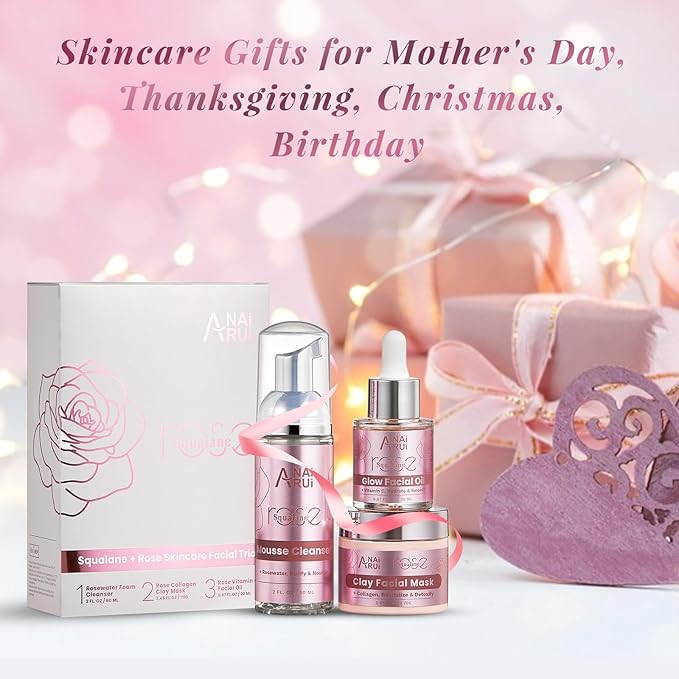 ANAiRUi Rose Skincare Gift Set, Christmas Gift for Women, Facial Skincare Kit for Women, Rose & Squalane Face wash and Moisturizer Set with Clay Mask, Face Cleanser and Facial Oil, Purify, Hydrate