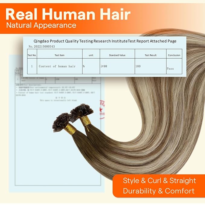 Full Shine K Tip Hair Extensions Real Human Hair 20 Inch 50 Grams Dark Brown Fading to Ash Brown and Blonde Ktip Human Hair Extensions Fusion Extensions Soft Natural Hair