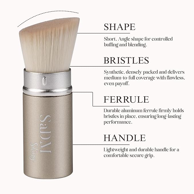 Kabuki Foundation Makeup Brush, White, Synthetic Hair, Professional Face Brush with Retractable Handle, Portable Wand Design