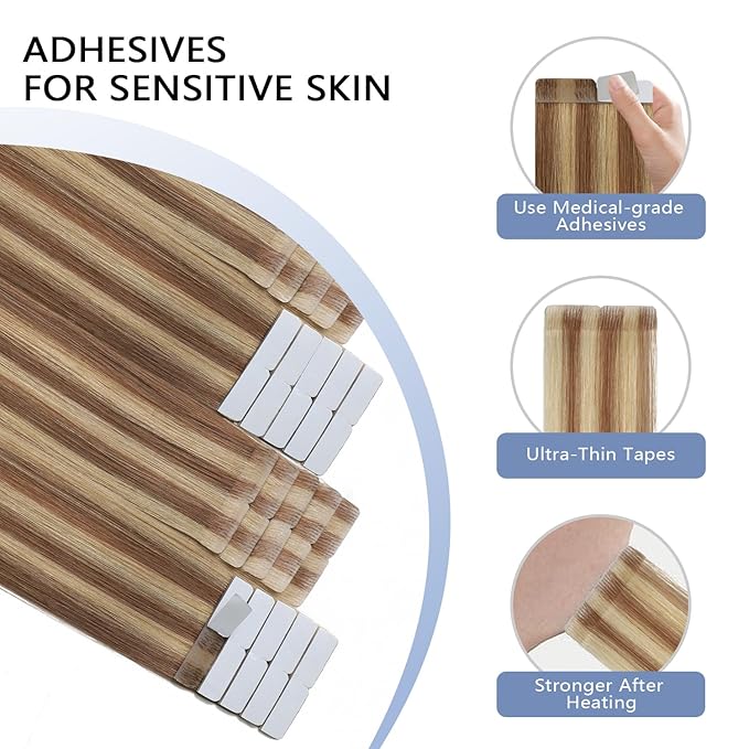 COOKAYU Invisible Tape in Hair Extensions, Gold Brown to Caramel Blonde 16Inch 35g 20pcs/pack Seamless Tape in Extensions Human Hair Injected Invisi Edge Extensions