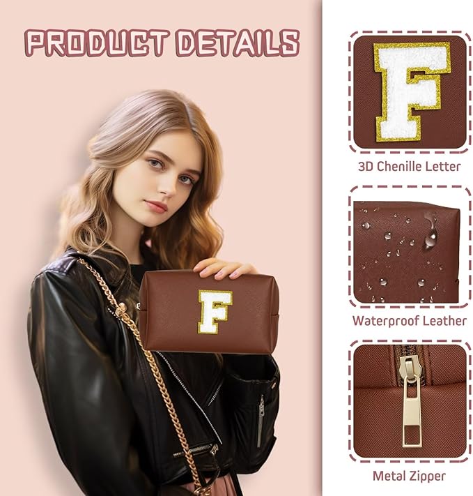 TOPEAST Initial Cosmetic Bag, PU Leather Waterproof Travel Toiletry Bag, Monogrammed Gifts for Women, Personalized Birthday Gift for Sister Friends, Cute Stuff for Girls (Brown K)