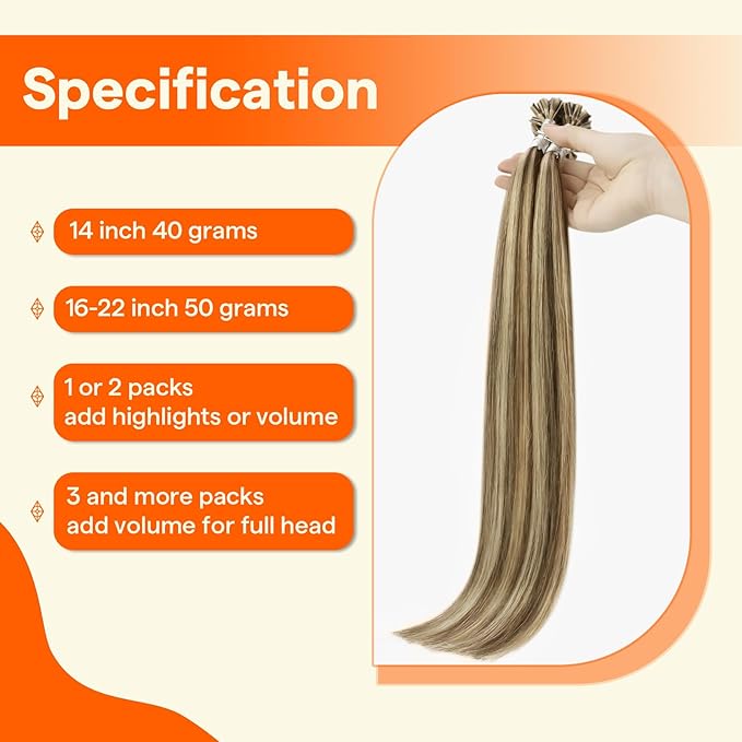 Full Shine U Tip Hair Extensions Human Hair 16 Inch 50 Grams Brown Highlighted Honey Blonde Pre Bonded Human Hair Extensions Keratin Tip Extensions Remy Hair add Volume