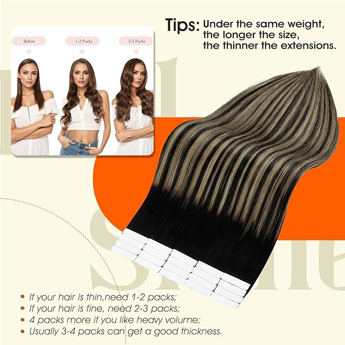 Full Shine Balayage Tape in Hair Extensions Human Hair Color 1B Off Black Fading to 27 Honey Blonde And 1B Black Tape ins Human Hair Extensions 12Inch Invisible Seamless Extension 30G 20Pcs for Women