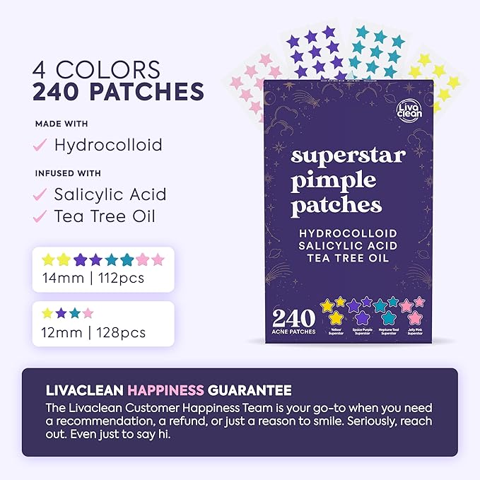 Livaclean Star Pimple Patches for Face w/ Hydrocolloid, Tea Tree oil & Salicylic Acid - Zit Stickers, Hydrocolloid Acne Patches for Face - Cute Pimple Patch, Acne Stickers