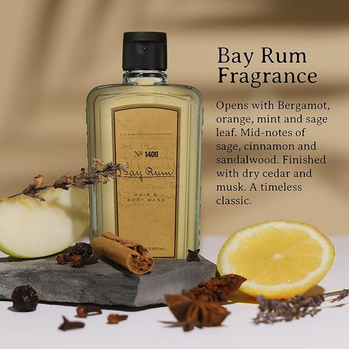 C.O. Bigelow Bay Rum Hair & Body Wash for Men, Citrus Spice Scented Men's 2 in 1 Shampoo & Body Wash with Aloe Vera, 10 Fl Oz