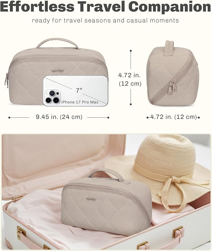 Hynes Eagle Travel Makeup Bag for Women Puffy Cosmetic Organizer Pouch Open Flat Toiletry Bag for Toiletries, Brushes Camel
