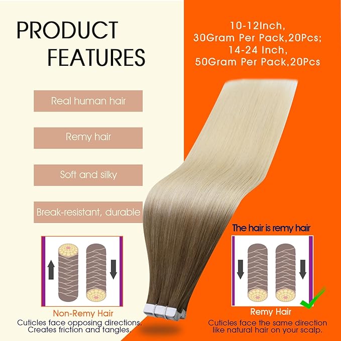 Full Shine Blonde Balayage Tape in Hair Extensions Real Human Hair Seamless Tape in Extensions Brown To Blonde 3/8/613 Double Sided 14Inch Invisible Seamless Skin Weft 50G 20Pcs Remy Natural Straight