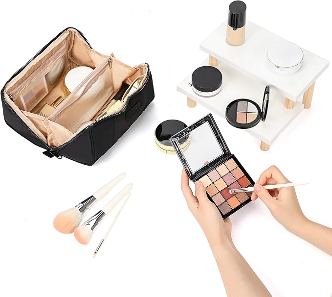 NISHEL Travel Makeup Bag for Women, Fluffy & Lightweight Open Flat Cosmetic Organizer with Multiple Functional Divider for Brush Independent Storage, Handle for Easy Portability, Black