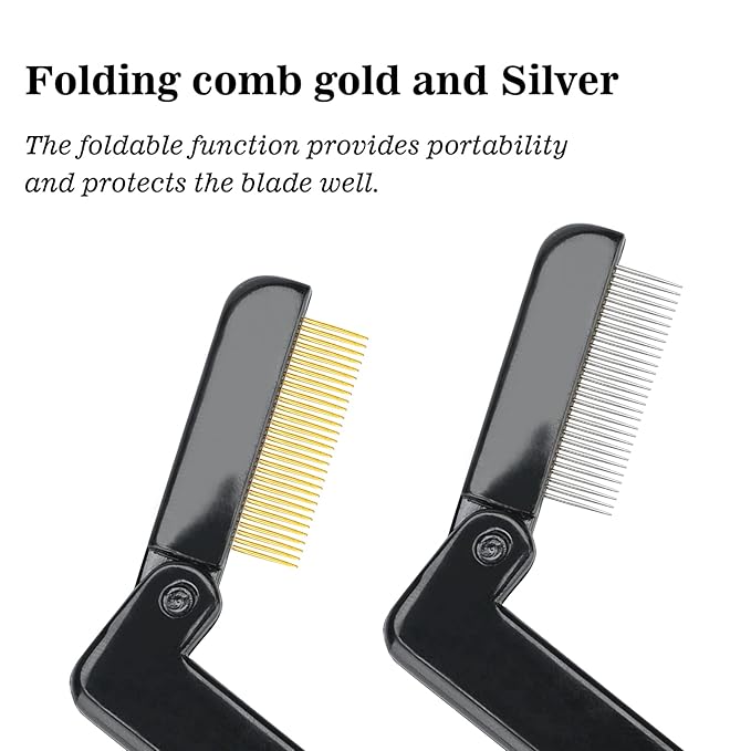 G2PLUS 2PCS Folding Eyelash Comb, Eyelash Separator Tool, Black Eyebrow Comb Metal Teeth, Eyelash Brush Tool for Lash & Brow