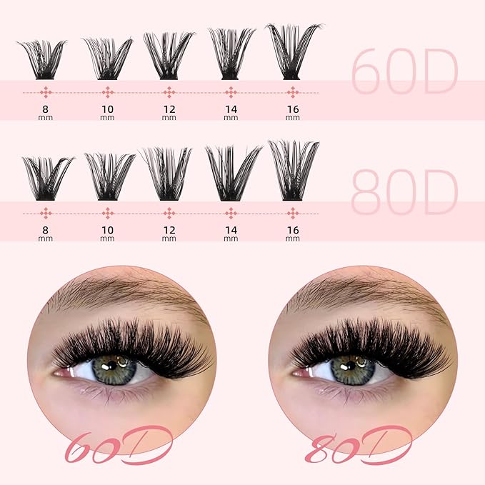 Lash Clusters 60D+80D False Eyelashes 280PCS Eyelash Clusters 8-16mm Individual Lashes Cluster D Curl DIY Eyelash Extensions at Home (60D+80D-0.07D,8-16MIX)