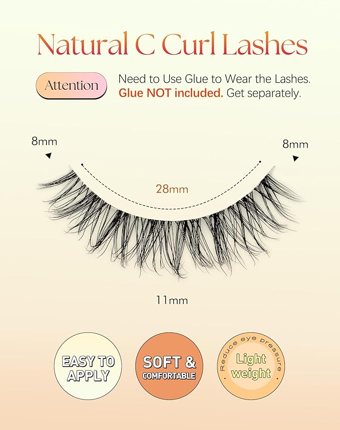 Lashes Natural Look 11MM Short Eyelashes with Clear Band C Curl False Lashes 3D Volume Strip Eyelashes Natural Looking 7 Pair Eye Lash Pack, ChirpyLuna