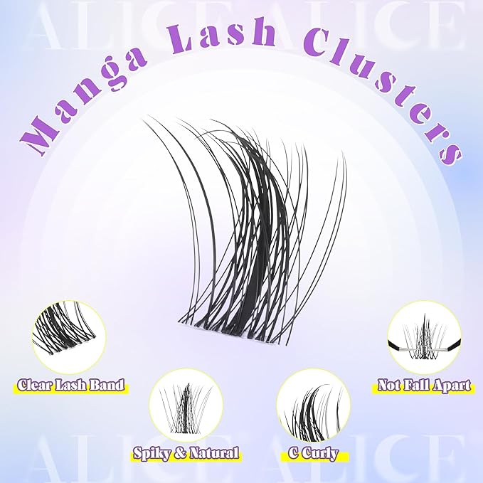ALICE Manga Lash Clusters Kit Natural Wispy Cluster Eyelash Extension Kit Anime Lash Extension Kit 162pcs Clear Band C-Curly 10-16mm Eyelash Clusters Kit with Lash Glue Bond and Seal