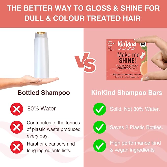KinKind Shine Gloss Complex Shampoo Bar - Glycolic Acid & Seaweed Shampoo - For Colour-Treated & Dull Hair - UK Made - Up to 50 Washes - Vegan & Cruelty-Free