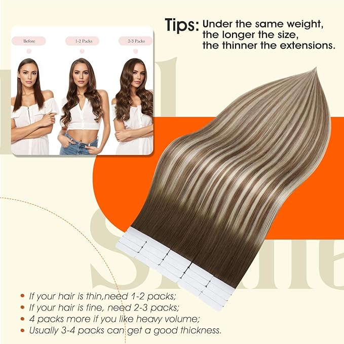 Full Shine Tape in Hair Extensions Human Hair 14Inch Color 3 Darker Brown Ombre 8 Brown Highlights 22 Blonde Remy Tape in Human Hair Extensions Seamless Skin Weft Soft Straight for Women 20Pcs 50Gram