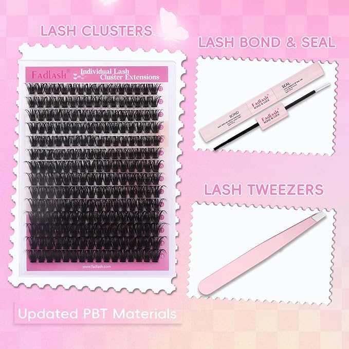 FADLASH Lash Extension DIY Kit Volume Fluffy Lash Clusters D Curl Cluster Lashes with Lash Bond and Seal Lash Tweezers for DIY Eyelash Extension at Home for Self Use（Kit 100D-0.07D-12-18MIX）