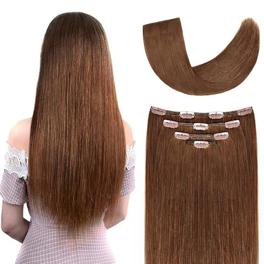 20" Clip in Hair Extensions Remy Human Hair for Women - Silky Straight Long Human Hair Clip on Extensions 75grams 4pieces Light Brown #6 Color