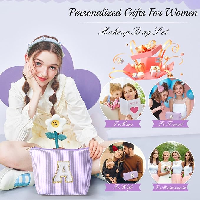 YOOLIFE Birthday Gifts for Women - Personalized Cute Purple Initial Cosmetic Makeup Pouch - Make Up Toiletry Bag for Her Mom Teacher Friend Girlfriend Wife - 21st Birthday Gifts F