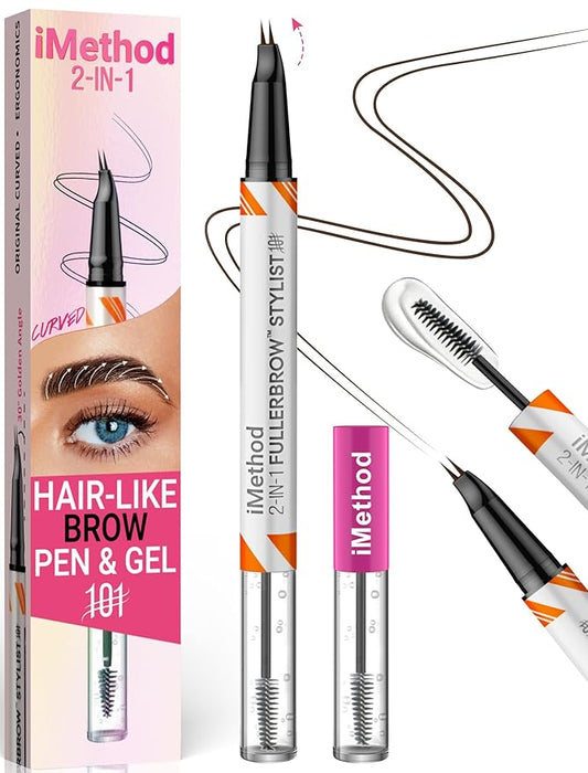 iMethod Curved Eyebrow Pen and Brow Gel - Eyebrow Pencils for Women with Hair Like Strokes, Eyebrow Makeup for All-Day Defined, Waterproof, Smudge-proof, Dark Brown and 2 Count Brow Gel Clear