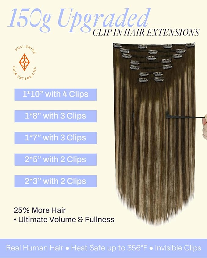 Full Shine 22 Inch Invisible Clip in Hair Extensions Human Hair Ombre Brown Clip in Human Hair Extensions Medium Brown Balayage Honey Blonde Thick Hair Extension 7 Pcs 150 G