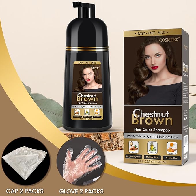 Chestnut Brown Hair Dye Shampoo Permanent for Men&Women,Instant Hair Color Shampoo for Gray Hair Coverage,16.9oz