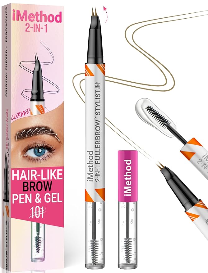 iMethod Curved Eyebrow Pen and Brow Gel - Eyebrow Pencils for Women with Hair Like Strokes, Eyebrow Makeup for All-Day Defined, Waterproof, Smudge-proof, Light Brown and 2 Count Brow Gel Clear