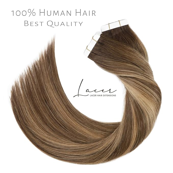 Lacer Tape in Hair Extensions Human Hair 20 Inch Natural Chocolate Brown to Dark Caramel Blonde Tape in Extensions Seamless Silky Straight Hair Pieces 20pcs 50grams