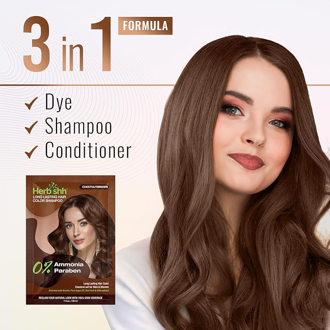 Herbishh Travel Pack Hair Dye Color Shampoo in Sachet + 1pc Argan Hair Mask Sachet (Chestnut brown, 1 sachet)
