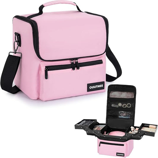 Makeup Travel Train Case, Black Makeup Carrying Organizer Bag, 4 Tier Professional Organizer Case with Straps Pockets for Make Up Tools