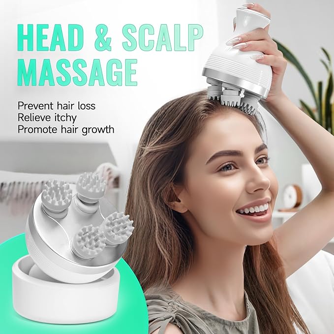 Queenwill Electric Cordless Scalp Massager Head Scalp Stress Relax, Handheld Portable Head Scratcher Massage for Hair Growth, Claws Cat Massager with Kneading 84 Massage Nodes, Ideal Gift (White A)