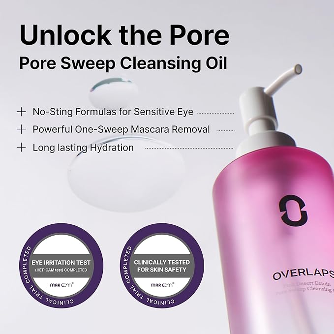 OVERLAPS Pink Desert Ectoin Pore Sweep Cleansing Oil | Gentle Oil Cleanser for Face, Makeup Blackhead Remover, Deep Cleansing, Korean Skin Care for Sensitive Skin, 6.76 fl.oz.