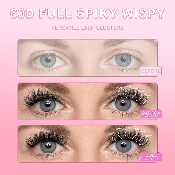 Eyelash Clusters Lash Clusters Mink Thick 60D Cluster Eyelash Extensions 10-18MM 180Pcs Cluster Individual Lashes Gorgeous Wispy Spiky Eyelashes Clusters Extension by MOONKALI