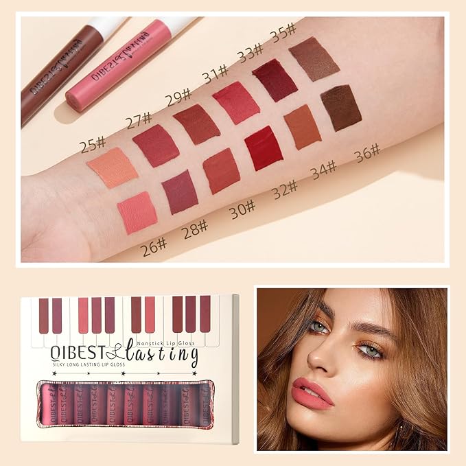 Matte Liquid Lipstick Set - 12 Pcs Long Lasting & Waterproof Lipstick Kit, Non Transfer Lip Stain with Nude, Dark Red | Full Coverage Lip Gloss Makeup Set for Women
