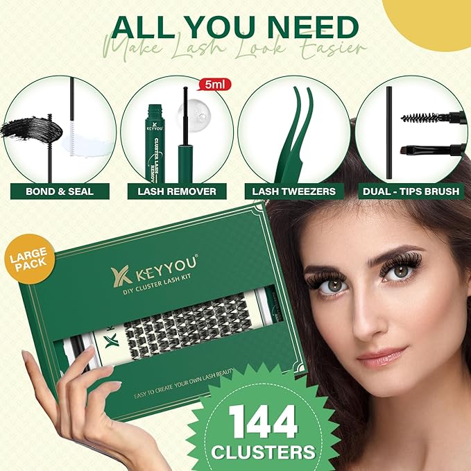 KEYYOU Lash Clusters Kit 144pcs Thick Volume D Curl Lash Clusters Lash Extension Kit with Mascara Brush Bond and Seal Lash Glue Remover Lash Applicators Lash Brush for DIY Lash Extensions (Y02 Kit)