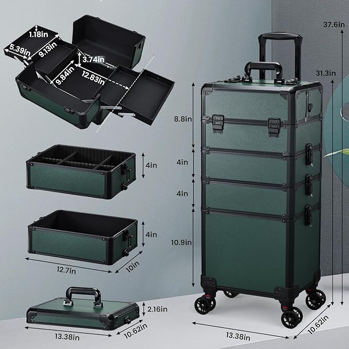 FRENESSA Rolling Makeup Train Case Cosmetology Case on Wheels 5 in 1 Makeup Case with Lid Rolling Large Make Up Organizer for Artist Barber Salon Nail Teach Kits Professional Cosmetic Box Dark Green
