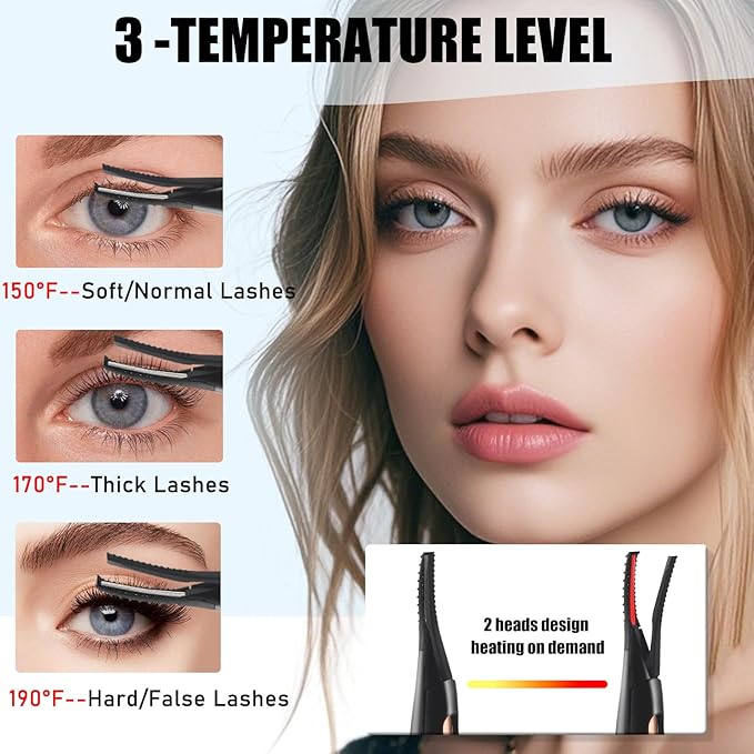 Heated Eyelash Curlers - 2 in 1 Clip- Type Heated lash Curler Best Seller Electric Eyelash Curler LED Display 3 Temp Settings for Makeup Tools USB Rechargeable Natural Curling 24H Long Lasting 6A