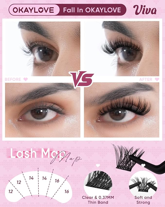 OKAYLOVE Fluffy Lash Clusters, VIVA 8-18mm DIY Volume Cluster Eyelash Extensions Kit, 168pcs CC Curl Black Cotton Band Individual Lashes with Lash Bond and Seal, Remover, Lash Tweezers