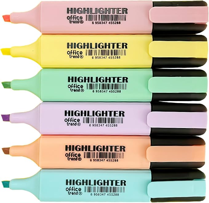 Highlighters 6 Colors - Chisel Tip Fluorescent Marker Pens for Students, Office, Journals, Smooth Writing, Pastel Shades