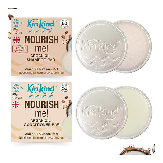 KinKind NOURISH me Travel Shampoo and Conditioner Bars. Up to 50 washes. This travel and gift set contains a soap tin for each bar. No leakage, less space, less weight.