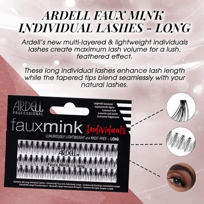 Ardell Faux Mink Individual Lashes - Long Black, Lightweight, Natural-Looking DIY Lash Clusters, Reusable Fake Eyelashes, 4 Pack