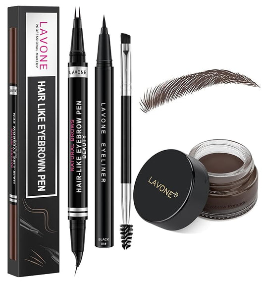 LAVONE Hair-Like Eyebrow Pen Makeup kit, Eyebrow Pencils for Women with Waterproof Microblading Eyebrow Pencil, Eyebrow Pomade, Eyeliner and Eyebrow Brush, Create Full, Natural Brows, Dark Coffee