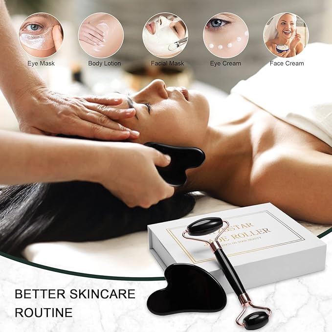 Jade Roller for Face, Facial Roller Massager Skin Care Tool, Gua Sha Facial Tools for Face, Neck, Eyes, Reduce Puffiness of The Skin (Black)