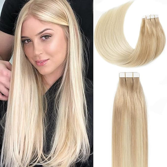 Lacer Hair Tape in Hair Extensions Remy Human Hair 20 Pieces 50 Grams Balayage Light Ash Blonde to Platinum Blonde B#13/60 Tape on Human Hair Extensions 16 Inch