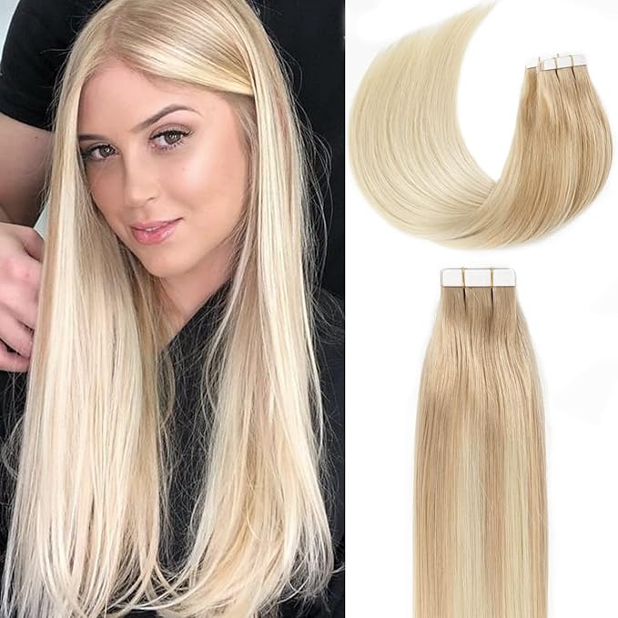 Lacer Tape in Hair Extensions Human Hair Straight Balayage Light Ash Blonde to Platinum Blonde PU Double Weft Tape in Real Human Hair Extensions 20 Inches 50grams